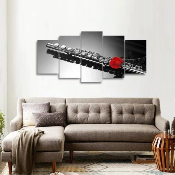 Quadro decorativo Flauta em Preto e Branco com Rosa Música 2 - 1