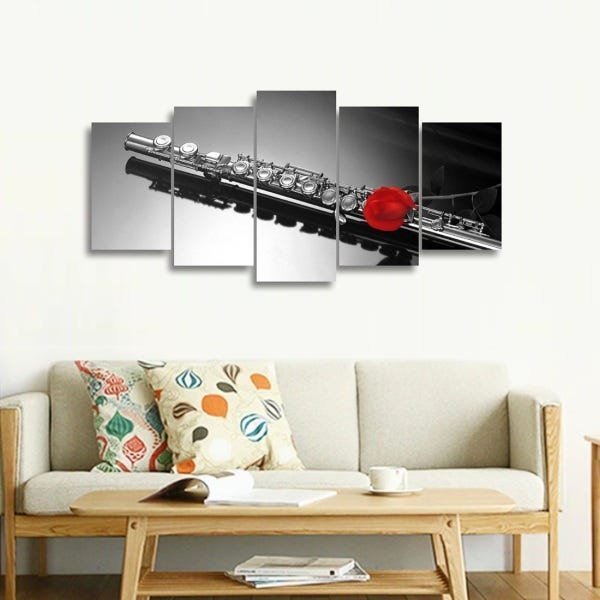 Quadro decorativo Flauta em Preto e Branco com Rosa Música 2 - 4