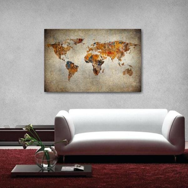 Quadro Mapa Mundi Vintage decorativo Retrô Tela de Tecido - 1