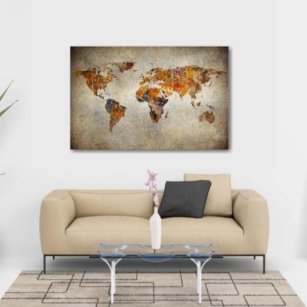 Quadro Mapa Mundi Vintage decorativo Retrô Tela de Tecido - 4