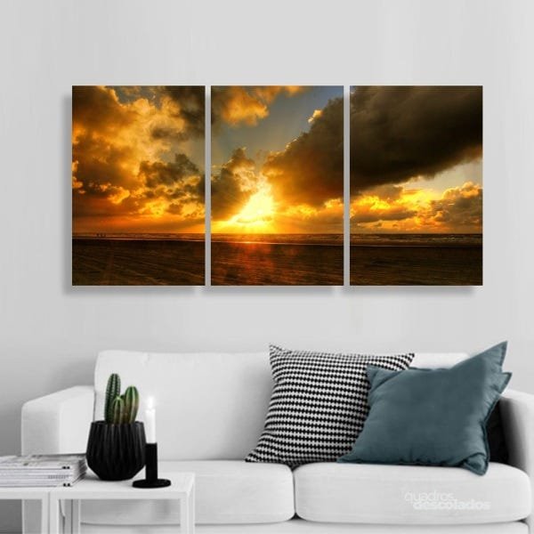 Quadro decorativo Céu Nuvens Pôr do Sol Jogo 3 Peças 60x120 - 1