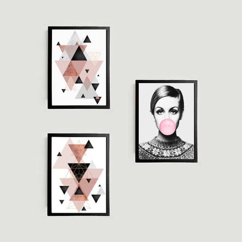 Kit 3 Quadros Decorativos Geométrico Twiggy 45x34cm - com vidro:Madeira preta