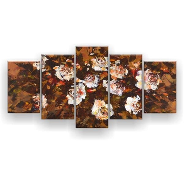 Quadro Decorativo Rosas Brancas Fundo Marrom 129X61 5 Peças - 1