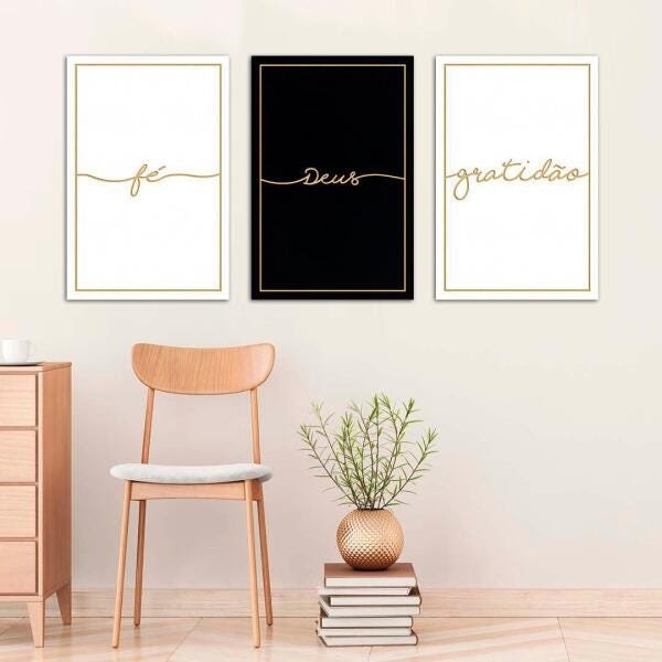 Kit 3 Quadros Decorativos Grandes Quarto Casal Mdf Fé Deus - 1