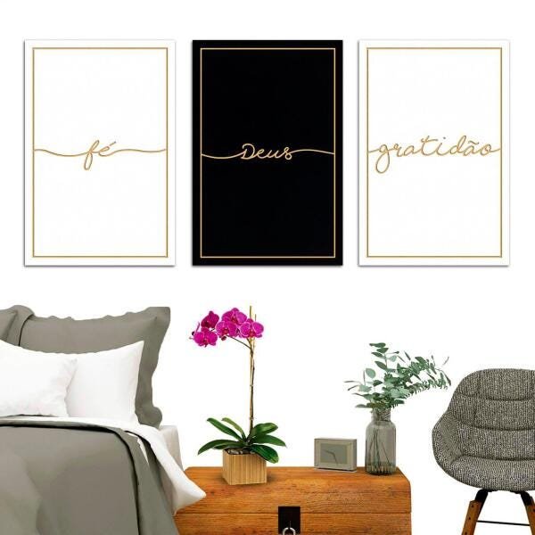 Kit 3 Quadros Decorativos Grandes Quarto Casal Mdf Fé Deus - 4