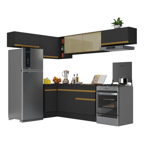 Armário de Cozinha Completa de Canto com Rodapé Veneza Multimóveis V2095 Preto/Dourado