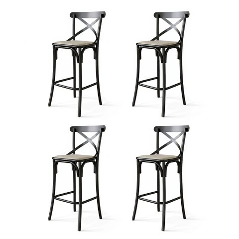 Conjunto 4 Banquetas X em Aço Preta com Encosto Vazado e Assento em Corano para Bancada - Bege