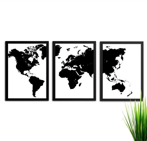 Kit 3 Quadros Kit Mapa Preto e Branco - 1