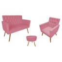 Ver imagem 1 de Kit Namoradeira + 1 Poltrona Decorativa Nina Capitonê + Puff Redondo Suede Rosa Pés Madeira Mz Decor