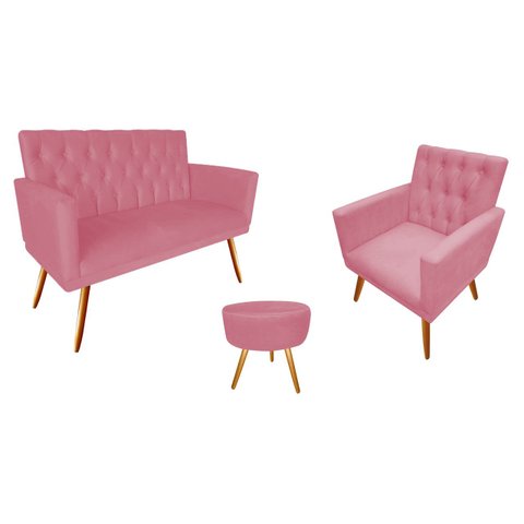 Kit Namoradeira + 1 Poltrona Decorativa Nina Capitonê + Puff Redondo Suede Rosa Pés Madeira Mz Decor