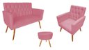Ver imagem 1 de Kit Namoradeira + 1 Poltrona Decorativa Nina Capitonê + Puff Redondo Suede Rosa Pés Madeira Mz Decor