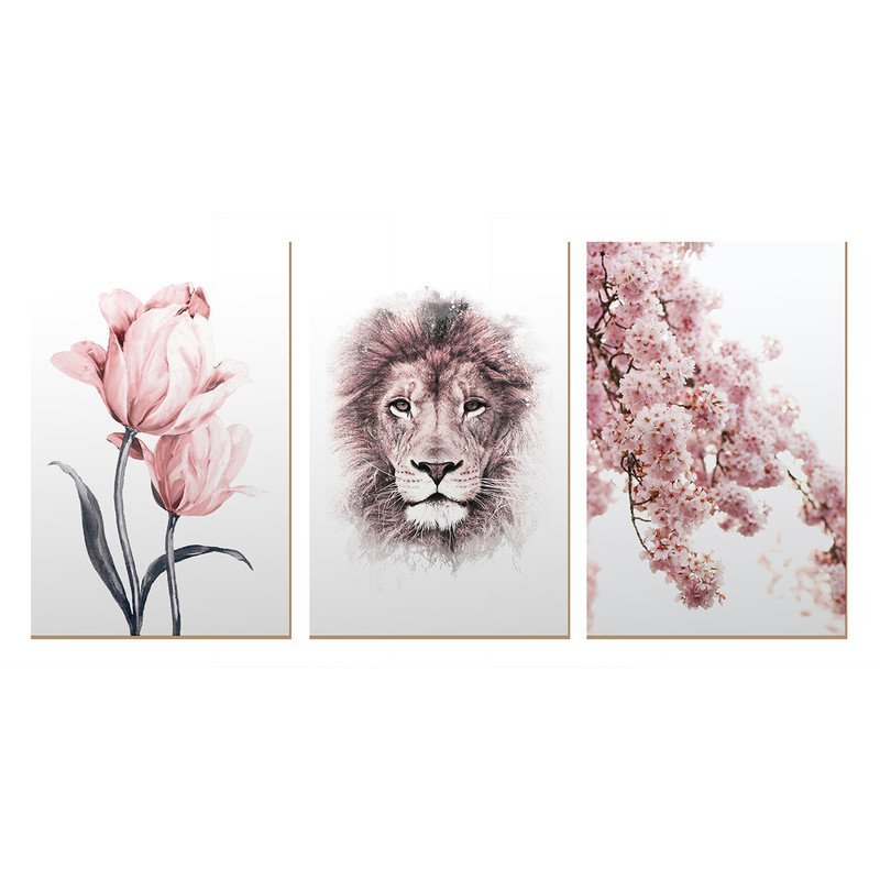 Trio de Quadros Decorativos Rose Floral Leão