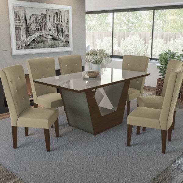 Conjunto Sala de Jantar com Mesa e 6 Cadeiras Estofadas Kappesberg - 1