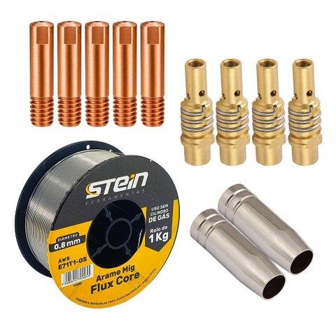 Kit 1 Arame de Solda + 5 Bico Contato, 2 Bocal Mig 15ak 4 Portal Bico 15ak 12 Unidades