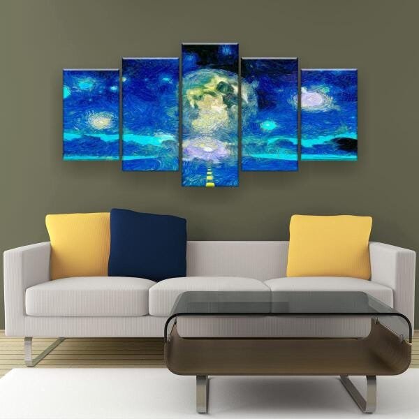 Quadro Decorativo Pintura Lua Cheia Estrada 129X61 5 Peças - 3