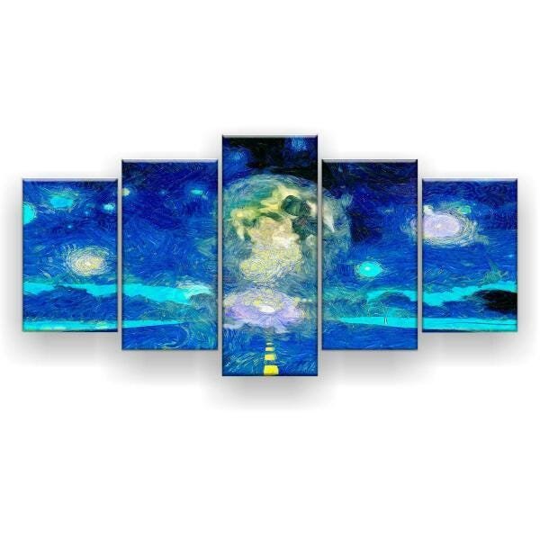 Quadro Decorativo Pintura Lua Cheia Estrada 129X61 5 Peças - 1