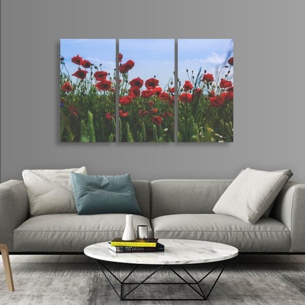 Quadro Paisagem Campo de Flores Conjunto 3 Telas em Tecido - 3