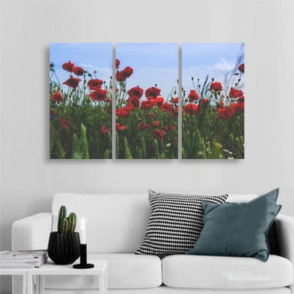 Quadro Paisagem Campo de Flores Conjunto 3 Telas em Tecido - 1