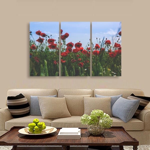 Quadro Paisagem Campo de Flores Conjunto 3 Telas em Tecido - 4