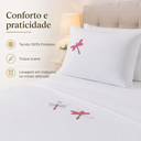 Ver imagem 2 de Jogo de Lençol Cama Casal Queen Libélula Bordado 4 Peças Poliéster Branco