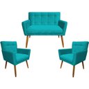 Ver imagem 1 de Kit Namoradeira + 2 Poltronas Decorativa Onix Suede Azul Tifany Pés Madeira Mz Decor
