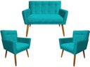 Ver imagem 1 de Kit Namoradeira + 2 Poltronas Decorativa Onix Suede Azul Tifany Pés Madeira Mz Decor
