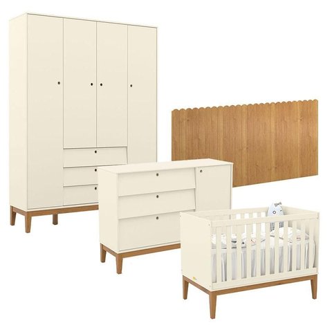 Quarto de Bebê Unique 4 Portas com Cômoda Sapateira e Painel Farm Off White Eco Wood - Matic
