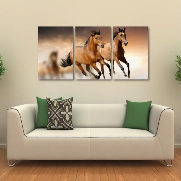 Quadro Cavalos decorativo Paisagem em Tecido 3 Peças - 1