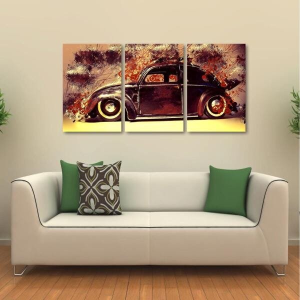 Quadro decorativo Fusca Carros Antigos em Tecido 3 Peças - 1