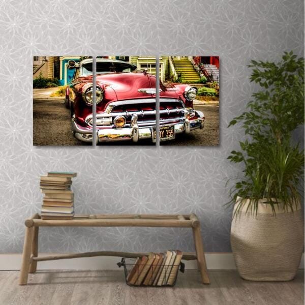 Quadro decorativo Carro Antigo Vintage em Tecido 3 Peças - 1