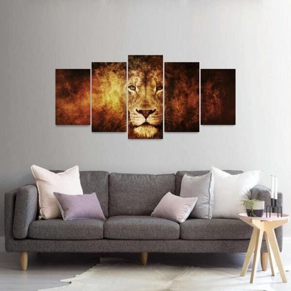 Quadro Para Sala Quarto Leão Em Chamas Artístico 5 Peças - 2