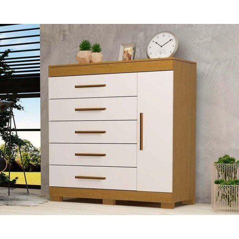 Cômoda de Quarto Rayane 1 Porta e 5 Gavetas C/ Sapateira Cinamomo/off White - Acp
