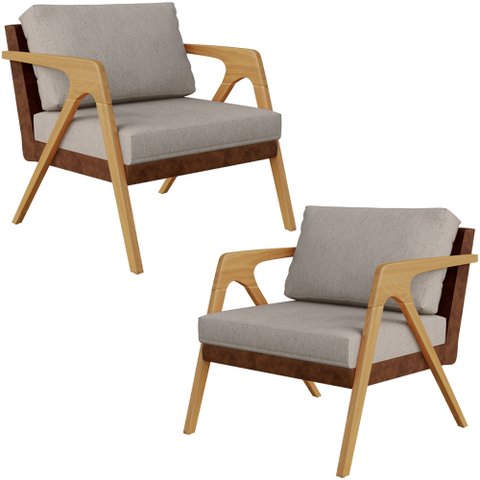 Kit 02 Poltronas Decorativas Para Sala De Estar Pietra L02 Couríssimo Marrom Linho Bege - Lyam