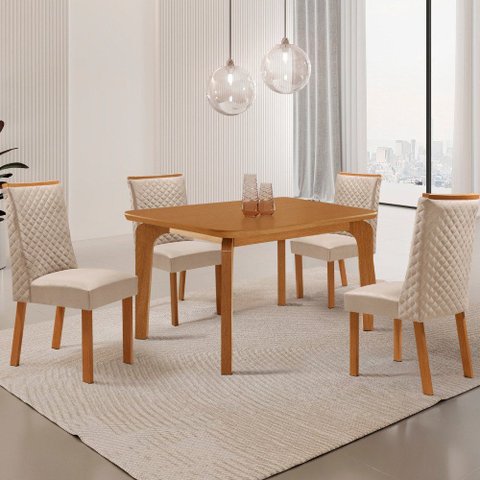 Mesa de Jantar Liz 120cm Tampo MDF Laminado Canto Copo com 4 Cadeiras Yasmin