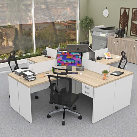 Estação de Trabalho com 4 Escrivaninhas em L Office Branco/Dubai
