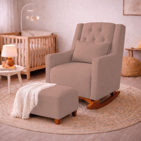 Poltrona de Amamentação Balanço e Puff Primeiro Amor Linho Rose