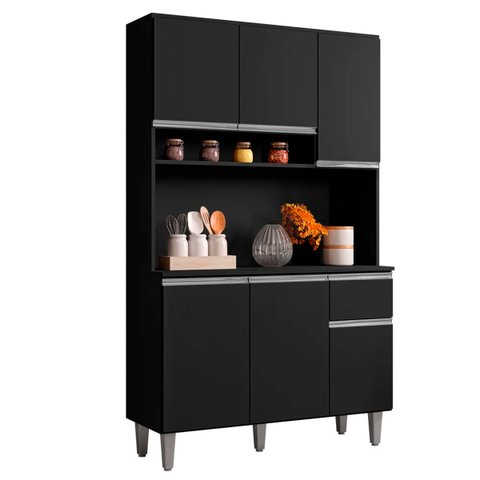 Armário Cozinha Compacta 6 Portas Marcia 105cm Preto Ajl Móveis