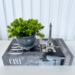 Decoração sala livro caixa + vaso cinza + enfeite torre - 2
