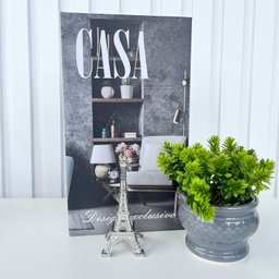 Decoração sala livro caixa + vaso cinza + enfeite torre - 4