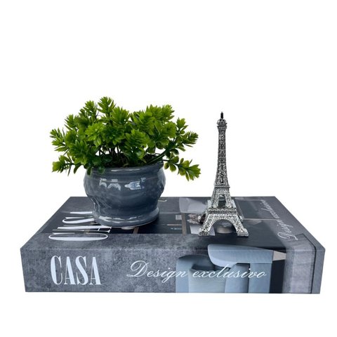 Decoração sala livro caixa + vaso cinza + enfeite torre