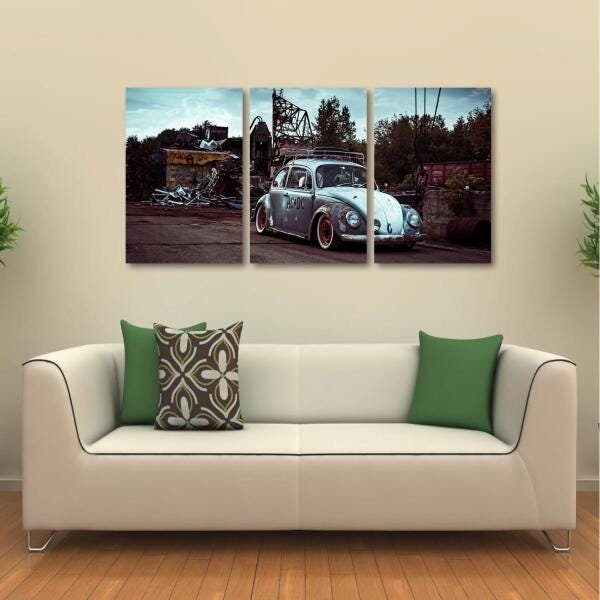 Quadro decorativo Fusca Vintage Interiores em Tecido 3 peças - 1