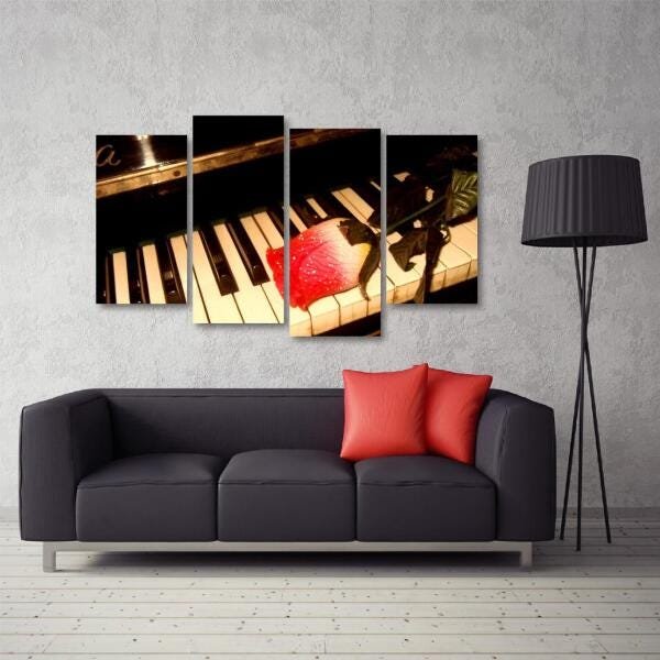 Quadro decorativo Piano e Rosa Mosaico em Tecido 4 Peças - 3