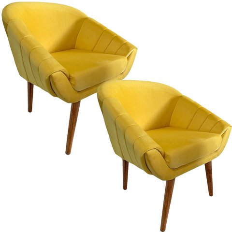 Kit Duas Poltronas Giovana em Sued Premium:amarelo Pés Madeira Claro