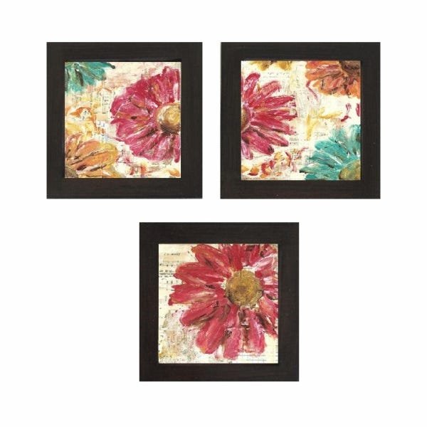 Trio de quadros de aquarela de flores, moldura preta 14cm - 1