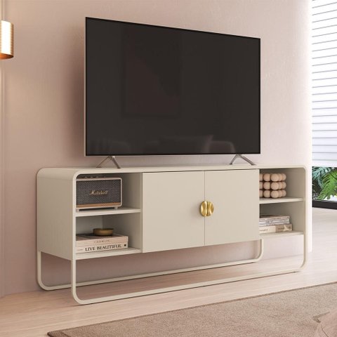 Rack para Sala de Estar TV 55 pol Industrial Orgânico Alek A03 Off White - Lyam Decor