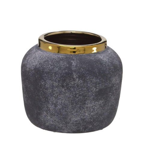 Vaso em Cerâmica Cinza Marmorizado com Borda Dourada 16cm