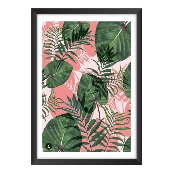 Quadro com imagens de folhas, fundo rosa, moldura e vidro - 1