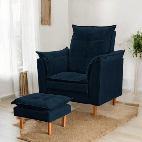Poltrona Conforto Suede e Mini Puff Opala Cor:azul
