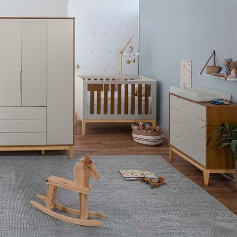Kit Quarto Infantil com Pés Square Natural - Cômoda Elfe 4 Gavetas + Guarda-Roupa Elfe + Berço Mini