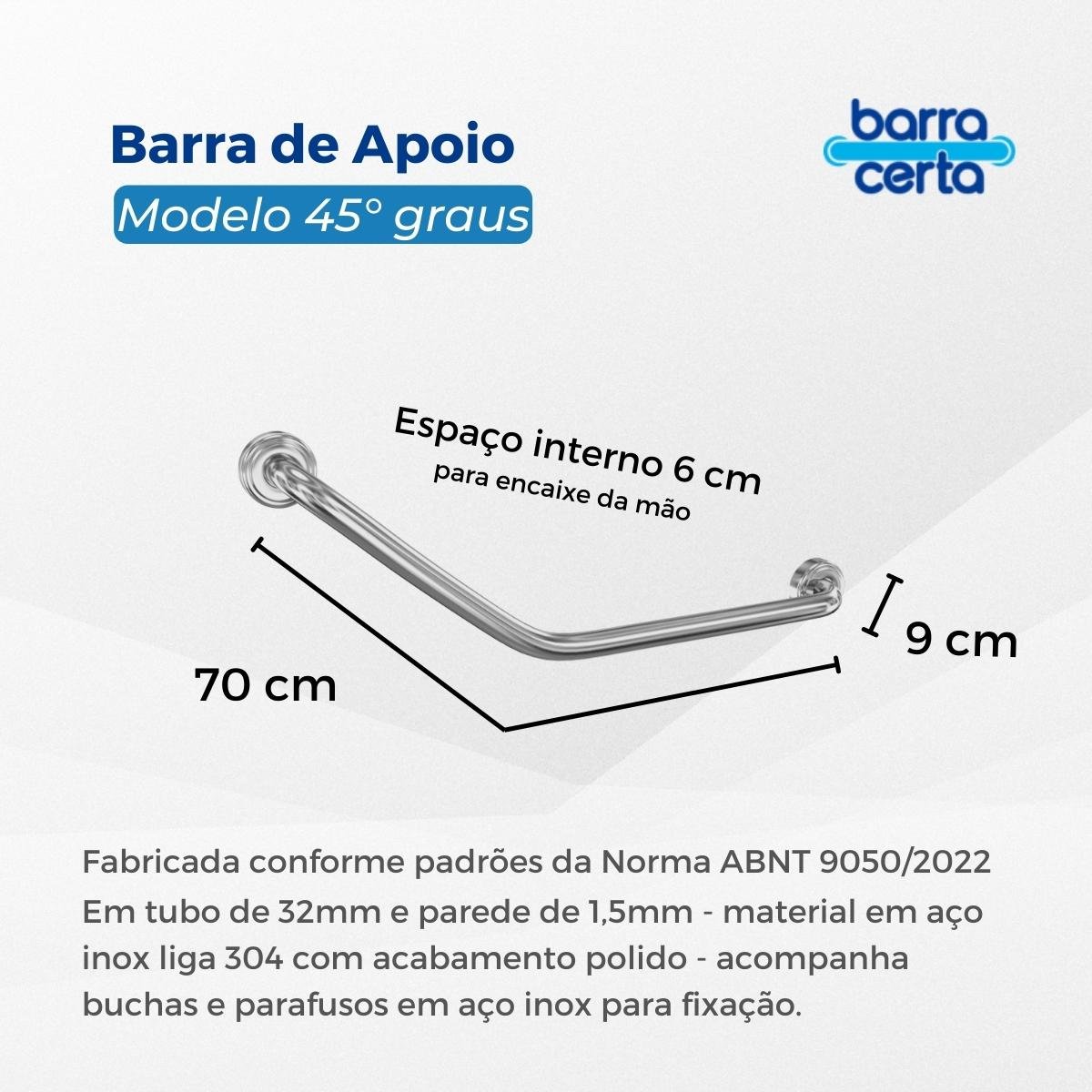 Barra de apoio angular 70 cm de aço inox para box - Barracerta - 4